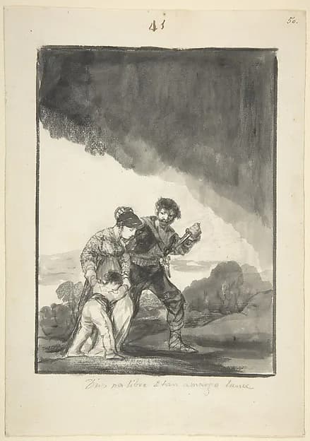 God save us from such a bitter fate; a bandit threatening a woman and a child with a knife, page 41 from the "Black Border Album" (E) by Goya (Francisco de Goya y Lucientes), ca. 1816–20. Brush, carbon black gray ink and was, scraper. Image from The Metropolitan Museum of Art.