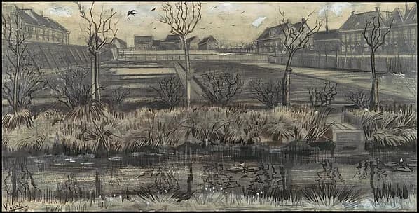Nursery on Schenkweg by Vincent van Gogh, March–May 1882. Black chalk, graphite, pen, brush, and ink, heightened with white body color on laid paper watermarked ED & CIE (in a cartouche). Image from The Metropolitan Museum of Art.