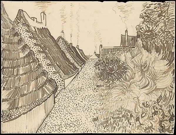 Street in Saintes-Maries-de-la-Mer by Vincent van Gogh, ca. July 15, 1888. Reed pen, quill, and brown ink over graphite on wove paper (laid down on wove paper; tack holes in all corners); later additions (by a restorer?) in black chalk, lower and upper right. Image from The Metropolitan Museum of Art.