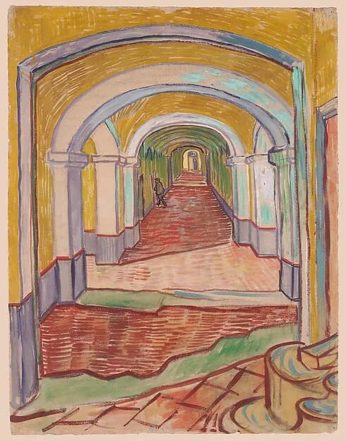 Corridor in the Asylum by Vincent van Gogh, September 1889. Brush and oils over black chalk on pink laid paper. Image from The Metropolitan Museum of Art.
