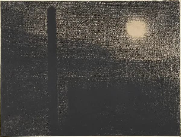 Courbevoie: Factories by Moonlight by Georges Seurat, 1882–83. Conté crayon. Image from The Metropolitan Museum of Art.