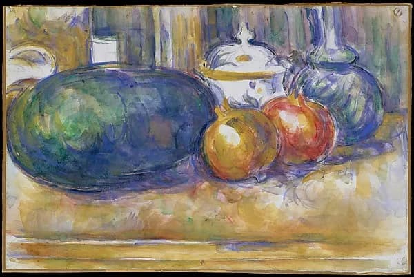 Still-Life with a Watermelon and Pomegranates by Paul Cézanne, 1900–1906. Watercolor over graphite on laid paper. Image from The Metropolitan Museum of Art.