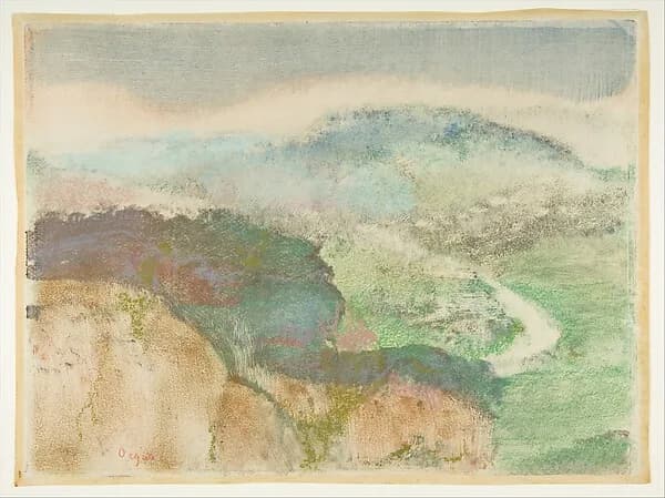 Landscape by Edgar Degas, 1892. Monotype in oil colors, heightened with pastel. Image from The Metropolitan Museum of Art.