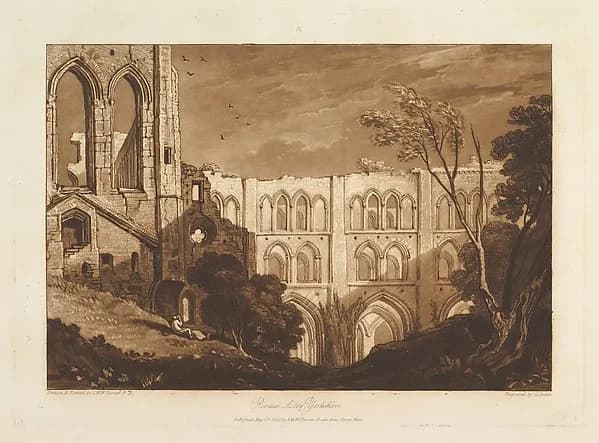 Rivaux Abbey, Yorkshire, part X, plate 51 from "Liber Studiorum" by Designed and etched by Joseph Mallord William Turner, May 23, 1812. Etching and mezzotint; first state of four. Image from The Metropolitan Museum of Art.