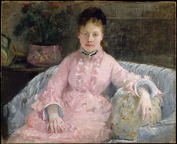 The Pink Dress (Albertie-Marguerite Carré, later Madame Ferdinand-Henri Himmes, 1854–1935) by Berthe Morisot, ca. 1870. Oil on canvas. Image from The Metropolitan Museum of Art.