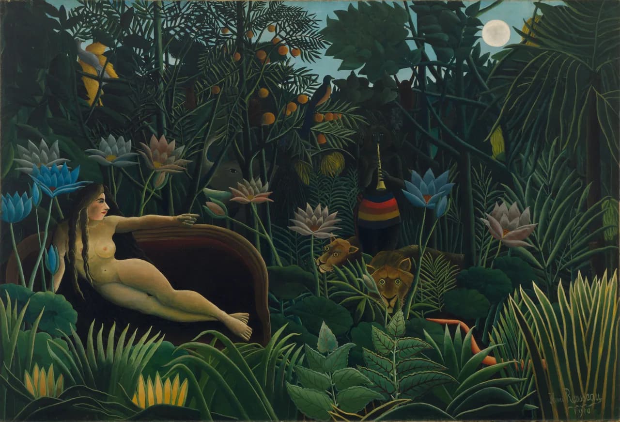 The Dream, Henri Rousseau, 1910. Oil on canvas. Public-domain reproduction from Wikimedia Commons; collection of The Museum of Modern Art.
