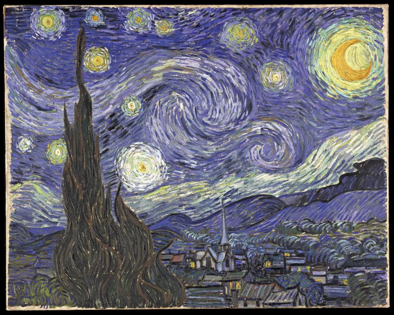 The Starry Night, Vincent van Gogh, Saint Rémy, June 1889. Oil on canvas. Public-domain reproduction from Wikimedia Commons; collection of The Museum of Modern Art.